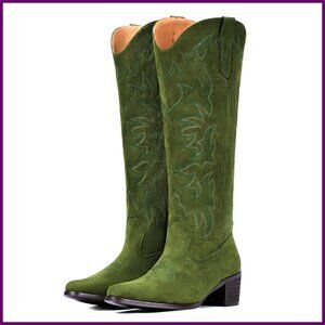 Knee High Cowboy Boots Snip Toe Side Zipper Chunky Heel Western Style